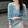 Suéter de lana para mujer, suéter con forro polar, suéter de punto liso de ajuste holgado para otoño e invierno, capa base, top de cachemira, estilo moderno, fabricante