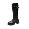 Botas Altas Negras Nuevas Primavera/Otoño 2026 Tacón Grueso Botas de Caballero Hasta la Rodilla Botas de Caballero Botas Delgadas Arrugadas Modernas