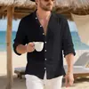 Sitio Independiente Transfronterizo Primavera y Otoño Hombres Lino Estilo Americano Holgado Hawaiana Casual Manga Larga Botones Cuello Camisa