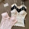 Camisola Floral de Encaje Dulce y Femenina para Mujer Verano Nuevo Dulce Cuello en V Lazo Almohadilla en el Pecho Versátil Top de Fondo
