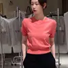 2025 Verano Nuevo Camiseta de Punto de Manga Corta con Cuello Redondo para Mujer Camisa de Punto Top Hueco Elegante Corto Todo-partido
