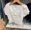 Camiseta de punto acanalado jacquard para mujer/manga corta estilo chica hot estampado floral pequeño manga corta 25 primavera y verano nuevo E474412/477607