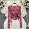 Camiseta de Manga Larga de Malla Fina con Estampado Tie-Dye, Cuello Redondo, Estilo Coreano, Nueva, Protección Solar, Top Corto con Cordón, Estilo Occidental