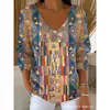 Estación Independiente Transfronteriza Europea y Americana Nueva Camiseta de Moda para Mujer Estampado 3D Color Degradado Cuello en V Manga Larga Top Verano Europeo y Americano