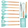 Conjunto de Utensílios de Cozinha de Silicone com Cabo de Madeira Transfronteiriço - 12 Peças para Cozinhar na Cozinha, Espátula de Silicone Antiaderente para Panela, Concha de Sopa, Espátula de Fritar, Escorredor, Modelo Novo