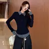 Camisa de Mujer Falsa Dos Piezas con Cuello Polo, Temporada de Primavera y Otoño, Diseño Moderno, Corte Ajustado, Camiseta de Manga Larga, Top Base