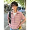 Camisa a Cuadros de Gasa Burbuja Falsa de Dos Piezas con Cuello en V de Manga Corta para Hombre, Estilo Juvenil de Verano, Holgada, Casual, de Media Manga