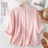 Nueva Camisa de Algodón Lino Gasa Doble Capa Verano Cardigan Artístico Ligeramente Maduro Manga Corta Holgada Top de Manga Media Estilo Chino Top Pequeño