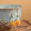 Pendientes de Estilo Étnico Vintage Plata S925 Incrustados con Ámbar Natural Pendientes de Loto de Ocho Pétalos Estilo Antiguo