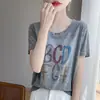 Camiseta feminina de verão mais vendida em liocel com estampa de letras, modelagem solta, simples e chique, casual, estilo coreano, versátil