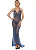 Ropa Interior Sexy Comercio Exterior Europeo y Americano Perspectiva de Malla Negra Vestido Largo Escotado Sexy Tirantes Camisón Conjunto Divertido