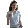 Camiseta de punto de manga corta para mujer con cuello polo estilo coreano, top corto fino de verano para estilizar la cintura, con hombro normal y cuello camisero en material de seda de hielo
