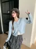 Cárdigan de punto súper bonito para mujer, atuendo de otoño e invierno, abrigo suéter azul, top exterior delgado, morado, talla única