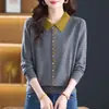 26 Otoño Nuevo Tallas Grandes Prendas de Punto de Alta Gama para Mujer de Mediana Edad Holgado Talla Grande Top con Solapa Cubre Vientre Suéter Base Elegante