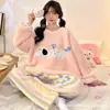 Corea2025 Otoño e Invierno Pijama de Terciopelo Coral para Niñas Cuadros Gato de Dibujos Animados Chica Suave Engrosado Cálido Ropa para el Hogar