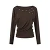 Camiseta de manga larga con cuello redondo para mujer UNBDNS, nuevo diseño de otoño, estilo nicho para el trabajo, top de un solo hombro con botón de concha, estilo coreano