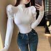 Elegante camiseta interior sexy de cuello alto con diseño de nicho, manga abullonada, manga larga, cintura ajustada, para mujer