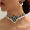 Vestido Estilo Palacio Retro Plata Antigua Diamante Brillante Aretes de Diamante Collar Juego de Traje Diamante Perla Gema Cadena Clavícula para Mujer
