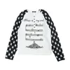 Camiseta base de manga raglán con bloques de color y estampado de estrellas estilo retro americano con notas musicales y estampado de letras, top de manga larga con dobladillo corto