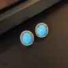 Pendientes de gota de agua ovalados de vidrio azul zircón con incrustaciones de cobre de alta calidad para mujer, moda retro, pequeños para el día a día, venta al por mayor