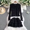 Cárdigan de manga larga estilo coreano para mujer con ribete de encaje y falda de capas, conjunto de punto extremadamente elegante para principios de otoño