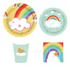 MM065 Pancarta para fiesta temática de colores del arcoíris, conjunto de 4 piezas para 8 personas, plato de papel, toalla de papel, vaso de papel