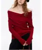 Vino Tinto Francés Hombros Descubiertos Tejido de Lana para Mujer 2025 Vestido de Fiesta de Año Nuevo Top que Crea Ambiente