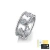Anillo de Plata S925 con Incrustación Completa de Moissanita, Diseño de Trébol de Cuatro Hojas, Borde con Perlas de Doble Capa, Anillo de Moda de Lujo Ligero, Estilo Popular Transfronterizo en Europa y América