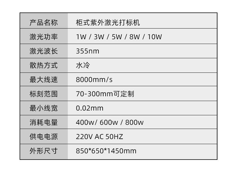 紫外激光打标机参数表