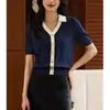 Diseño Elegante y con Estilo, Suéter de Punto Polo de Manga Corta en Color Contrastante para Mujer, Nuevo Estilo Verano 2026, Top de Lujo Ligero de Gama Alta