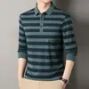 Camiseta de Manga Larga para Hombre Primavera y Otoño Nueva Casual Cuello de Solapa Hombres de Mediana Edad Raya Ancha Manga Larga Camisa Base Polo Hombre