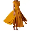 Moyashang Verão Amazon Venda Quente Moda Europeia e Americana Feminino Sem Mangas Gola Diagonal Cor Sólida Ajuste na Cintura Vestido Evase