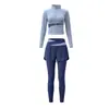 Conjunto de Roupa de Yoga Feminino Color Block Gola Alta Jaqueta com Zíper Calça Falsa de Duas Peças Respirável para Corrida ao Ar Livre Pilates Fitness