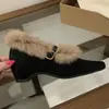 Sapatos Mary Jane de Camurça com Bico Fino para Aumentar a Altura para Mulheres, Temporada Outono e Inverno 2026, Sapatos Quentes Peludos com Forro de Lã, Sapatos de Algodão