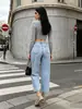 Jeans vintage europeo y americano azul claro con efecto lavado de copo de nieve, tiro alto, sin elasticidad, corte recto holgado, pantalones cropped que cubren la cadera, directo de fábrica