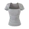 Top de Verão Puro Desejo Slim Fit Franzido Emagrecedor Hot Girl com Decote Quadrado, Estiloso com Bojos, Camiseta de Manga Curta que Marca a Cintura para Mulheres