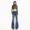 Jeans de campana para mujer, color Naranja Juvenil # Lavado con grietas, diseño de doble botón, corte ajustado, favorecedores, elegantes, versátiles, modernos