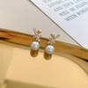 Brincos de Prata Imitação com Tachas Cheias de Diamante e Pérola, Design Floral Geométrico, Brincos Elegantes e Delicados, Joia de Orelha Simétrica com Gotejamento de Óleo para Mulheres