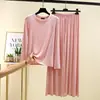 Traje Casual Simple de Modal para Casa para Mujer Otoño Nuevo Camiseta de Manga Larga con Cuello Redondo Pantalones Rectos Sueltos Conjunto de Dos Piezas