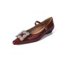 Lindos Sapatos Mary Jane de Couro com Fivela Quadrada de Strass 2024 Primavera Novo Bico Fino Couro Genuíno Salto Baixo Sapatos com Fivela de Fada