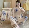 Pijama de tres piezas para mujer, pijama de verano de manga corta y pantalón largo, pijama de mujer con estampado de dibujos animados, corte holgado, ropa de estar