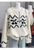 Cardigan de Tricô Jacquard em Cashmere da Fair Isle para Mulheres, Outono e Inverno, Gola Redonda, Zíper Espessado, Jaqueta de Lã