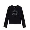 Camiseta negra de mujer con cuello redondo, hombros normales, manga larga, nuevo estilo primavera y otoño, estampado de gato de dibujos animados, rejuvenecedora, top ajustado