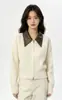 Cardigan de tricô patchwork com gola de couro, novo para o outono, estilo coreano, com zíper e listras verticais, casaco feminino elegante e slim-fit