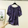 Blusa de Algodão e Seda de Manga Curta para Mulheres, Nova Estampa Floral, Camiseta Solta com Mangas Morcego Off-Shoulder, Tamanho Plus