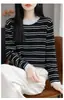 Camiseta de manga larga a rayas con bloques de color retro estilo coreano transfronteriza, top de punto 100% algodón para mujer, nuevo diseño versátil de ajuste ceñido para otoño e invierno