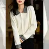 26 Cárdigan de Punto Patchwork Rayado Cuello Polo Estilo Perezoso para Mujer Atuendo de Alto Sentido Intelectual Suéter Abrigo Versátil para el Viaje Diario Mujer