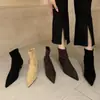 Botas Stretch Bico Fino Salto Agulha Outono/Inverno 2024, Botas de Cano Médio Slim de Celebridade da Internet, Botas de Cano Curto com Forro de Camurça de Salto Alto para Trabalho