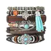Pulseira Estilo Boêmio Europeu e Americano Transfronteiriça com Pingente de Turquesa, Tecelagem de Couro Multicamadas, Conjunto de Pulseiras DIY de 6 Peças