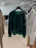 Liquidación 80% de DescuentoSudadera Holgada de Terciopelo Verde Oscuro, Cuello Redondo, Lado Único, Diseño Desestructurado con Abertura y Lazo, Hombros Descubiertos